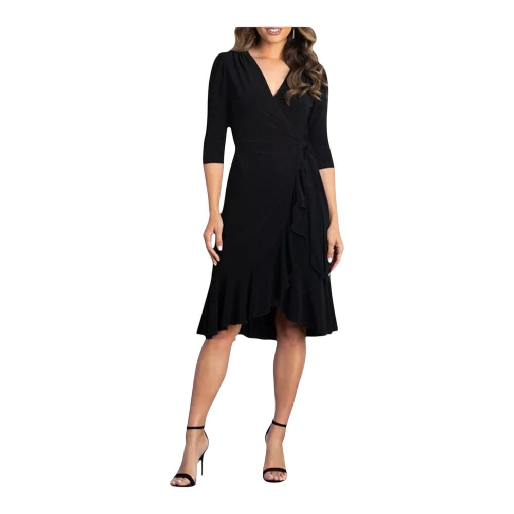 Kiyonna Whimsy Ruffled Midi Wrap dress black size 3X DEFECT